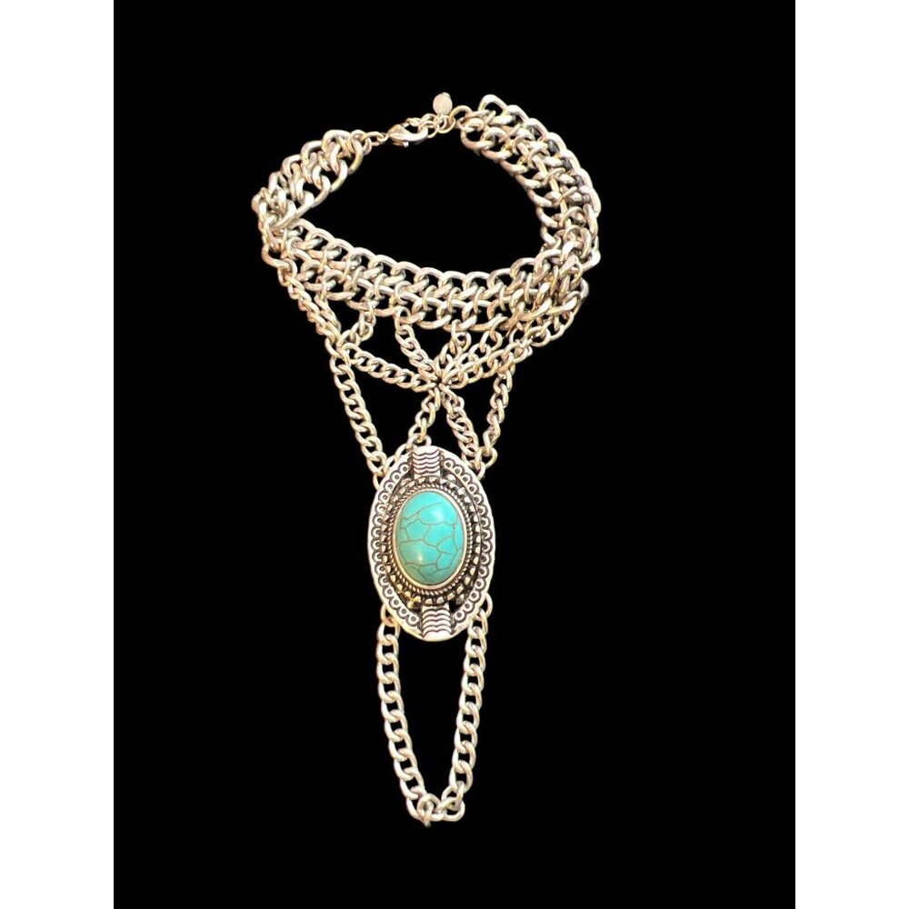 Vintage & Rare Silver Chain Bracelet and Finger Chain with Large Turquoise Stone